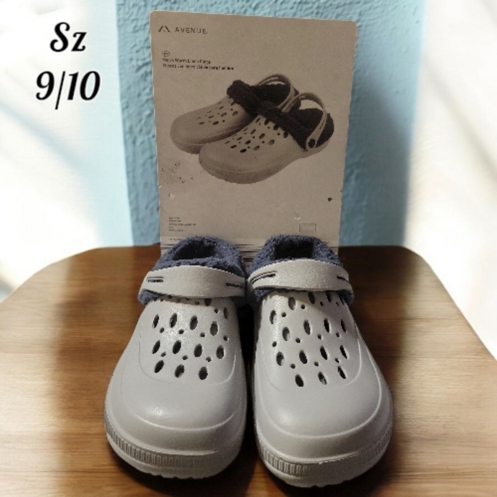Avenue Men's Warm Fleece Lined Croc Style Mule Clogs Aldi Gray/Blue Sz 9/10